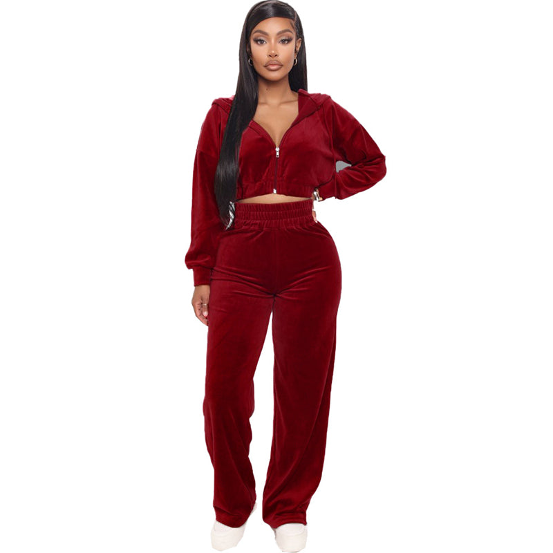 Korean Velvet Zipper Coat Straight Pants Suit