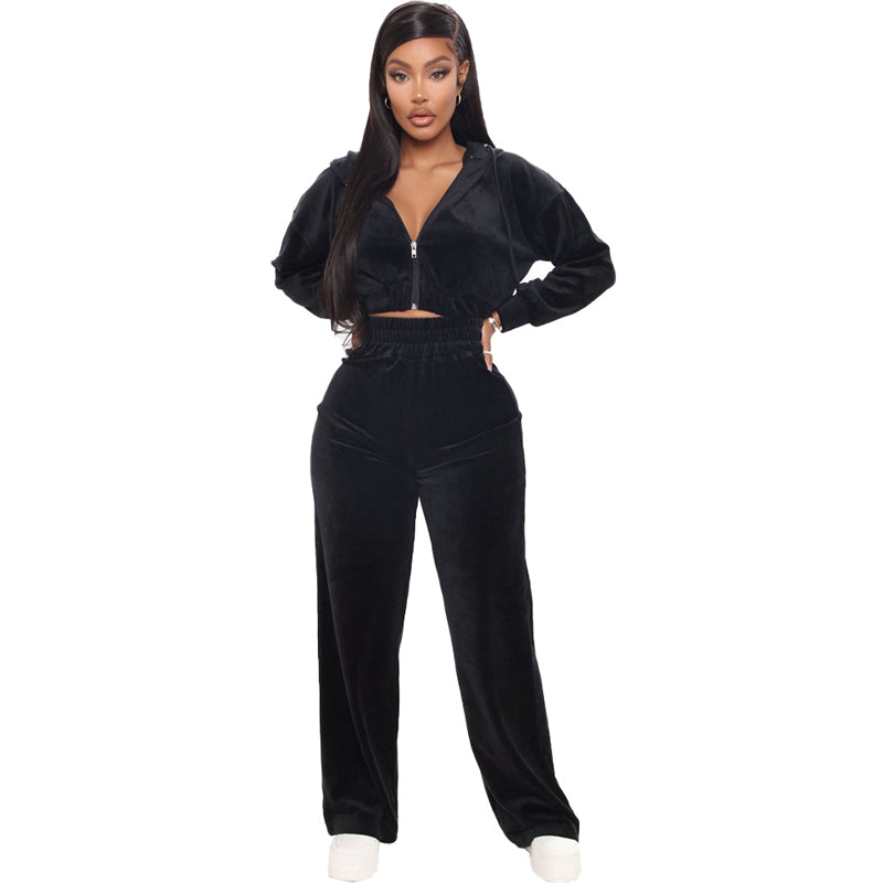 Korean Velvet Zipper Coat Straight Pants Suit