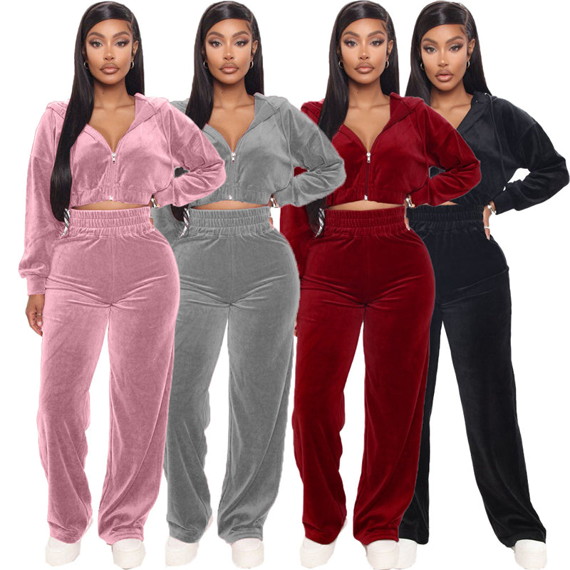 Korean Velvet Zipper Coat Straight Pants Suit