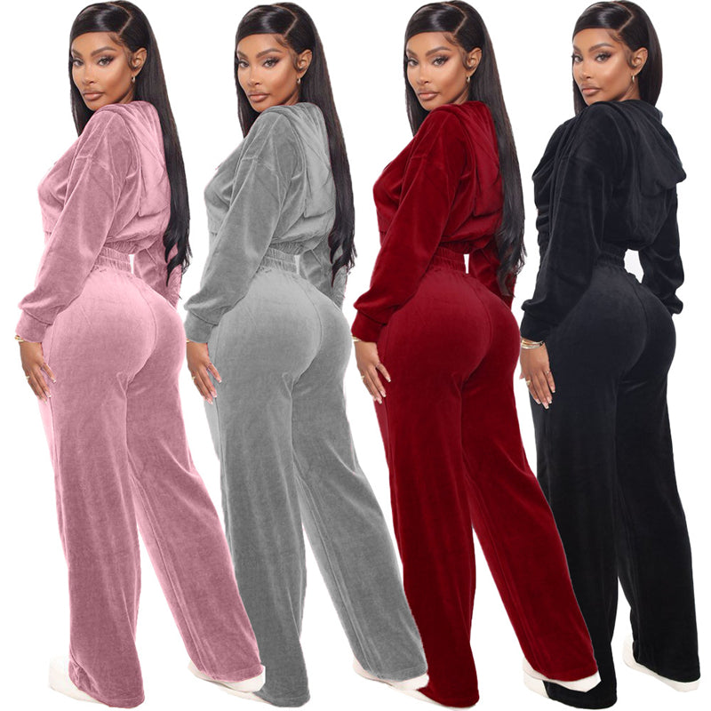 Korean Velvet Zipper Coat Straight Pants Suit