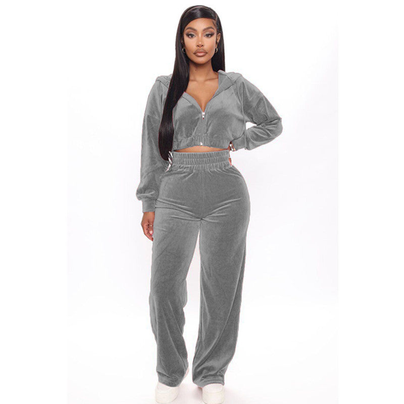 Korean Velvet Zipper Coat Straight Pants Suit