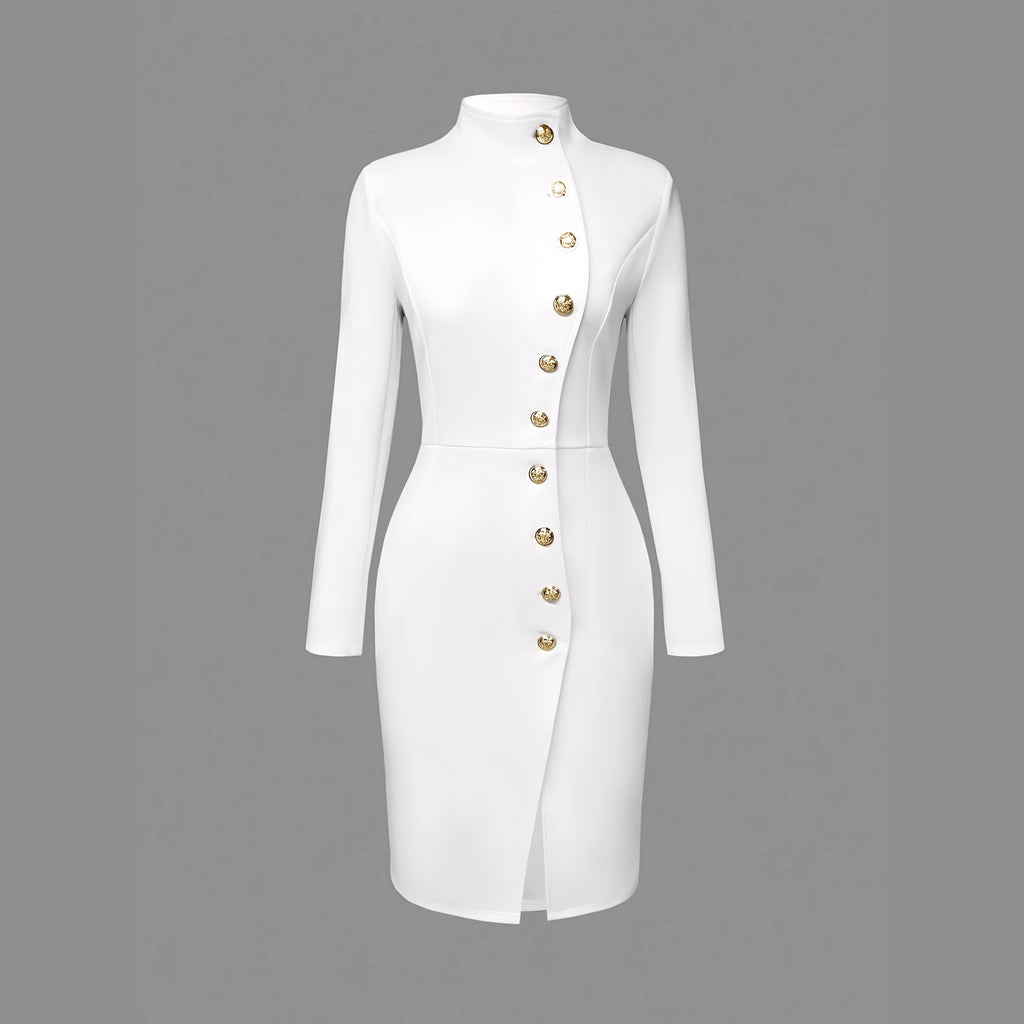 Fall Fashion Long Sleeve Stand-up Collar Slim Fit Metal Button Split Dress