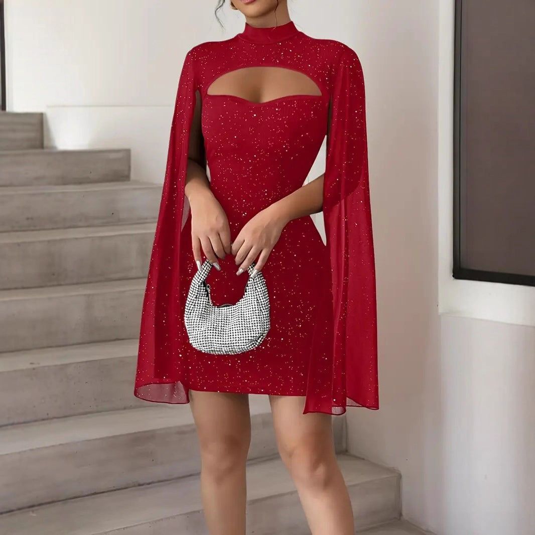 Women's High Neck Ribbing Chiffon Cape Sheath Dress